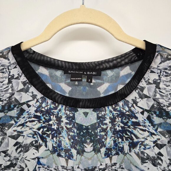 Sachin & Babi Blue Diamond Print Long Sleeve Sheer Mesh Top Women's Size 2 - Picture 2 of 12
